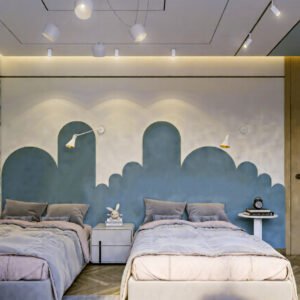 Minimalist bedroom layout with neutral color palette and large windows